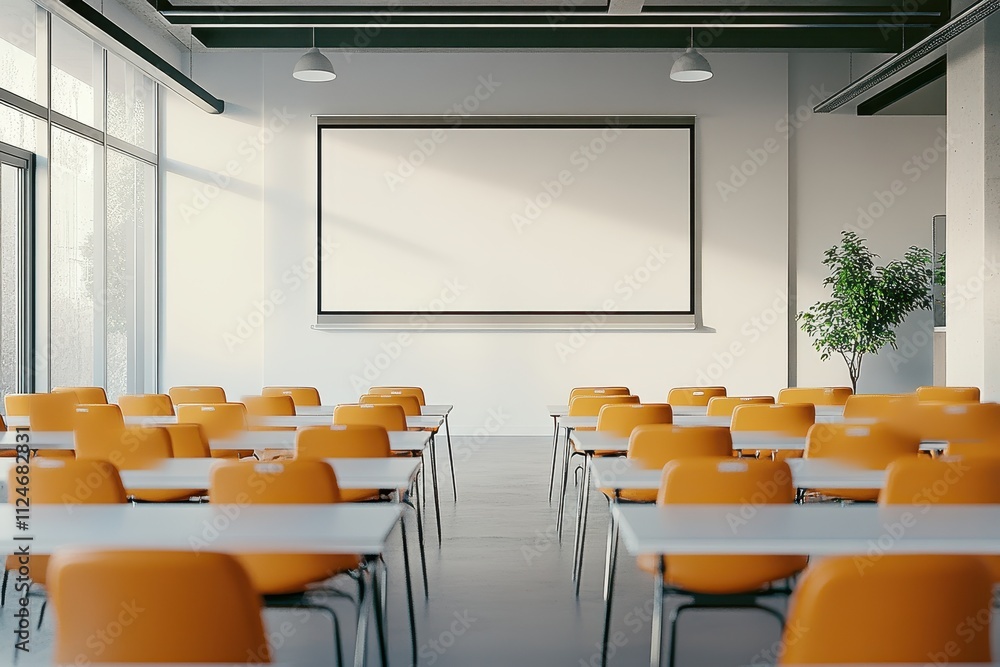Modern classroom layout with orange chairs and a blank presentation screen in an educational space Modern classroom layout with orange chairs and a blank presentation screen in an educational space