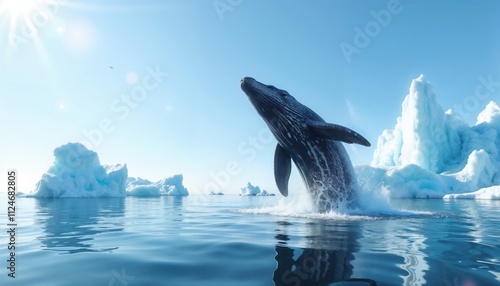 Humpback whale leaping joyfully into the air near icebergs under bright sunlight