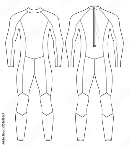 technical drawing of a men's wetsuit with a front zipper closure, Vector illustration design
