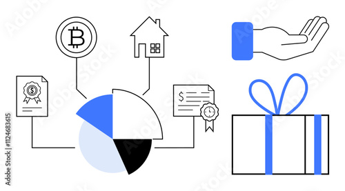 Pie chart distributing assets thumbs up Bitcoin, real estate, and certificates, alongside an open hand and gift box. Ideal for investment, finance, asset management, portfolio diversification