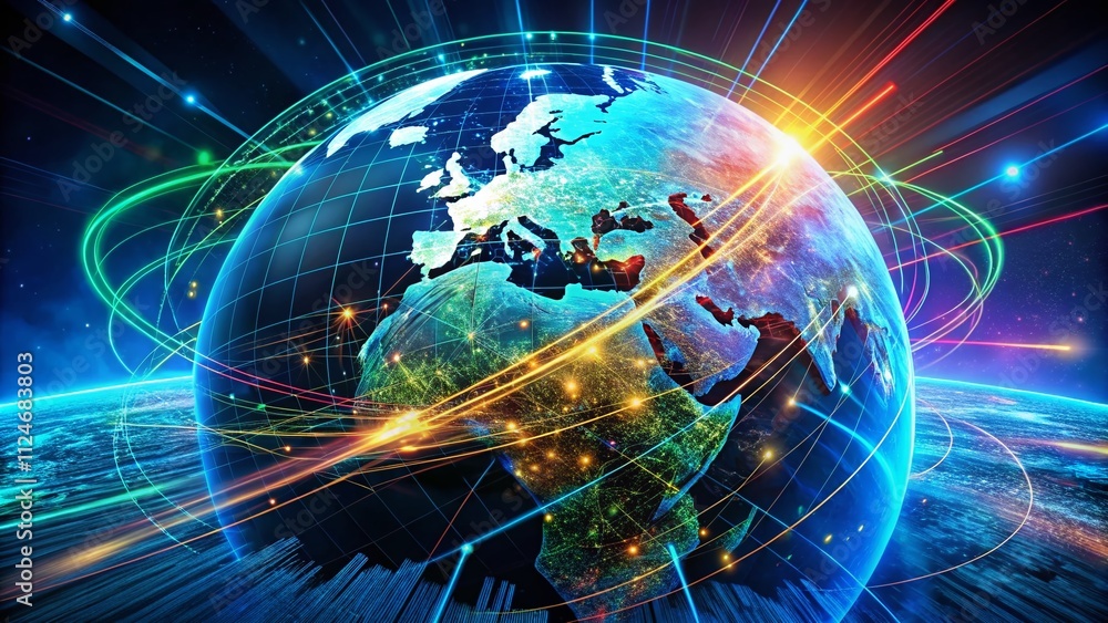 Aerial View of Pixelated Earth with Converging Lines Representing Internet Connectivity and Globalization, Symbolizing the Digital Integration of Cultures and Economies Aerial View of Pixelated Earth with Converging Lines Representing Internet Connectivity and Globalization, Symbolizing the Digital Integration of Cultures and Economies