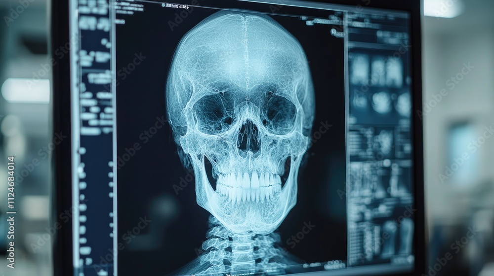 Medical Imaging: A Detailed X-Ray of a Human Skull Displayed on a Computer Screen in a Hospital Setting Medical Imaging: A Detailed X-Ray of a Human Skull Displayed on a Computer Screen in a Hospital Setting
