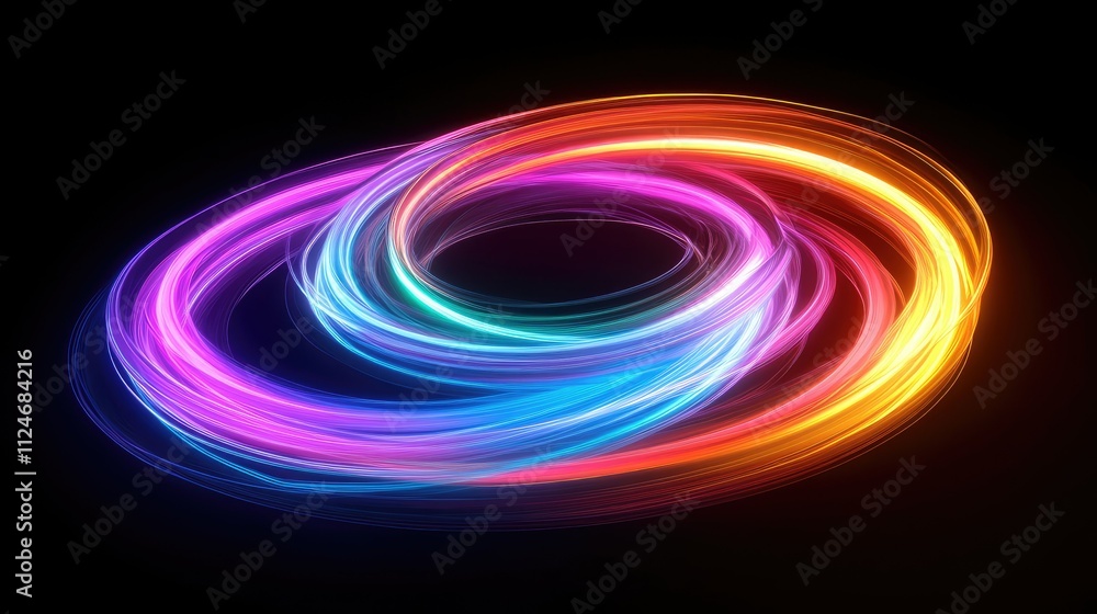 Abstract Vibrant Neon Light Trails Swirling in Dynamic Intertwined Rings, Creating a mesmerizing visual spectacle against a dark background. Abstract Vibrant Neon Light Trails Swirling in Dynamic Intertwined Rings, Creating a mesmerizing visual spectacle against a dark background.