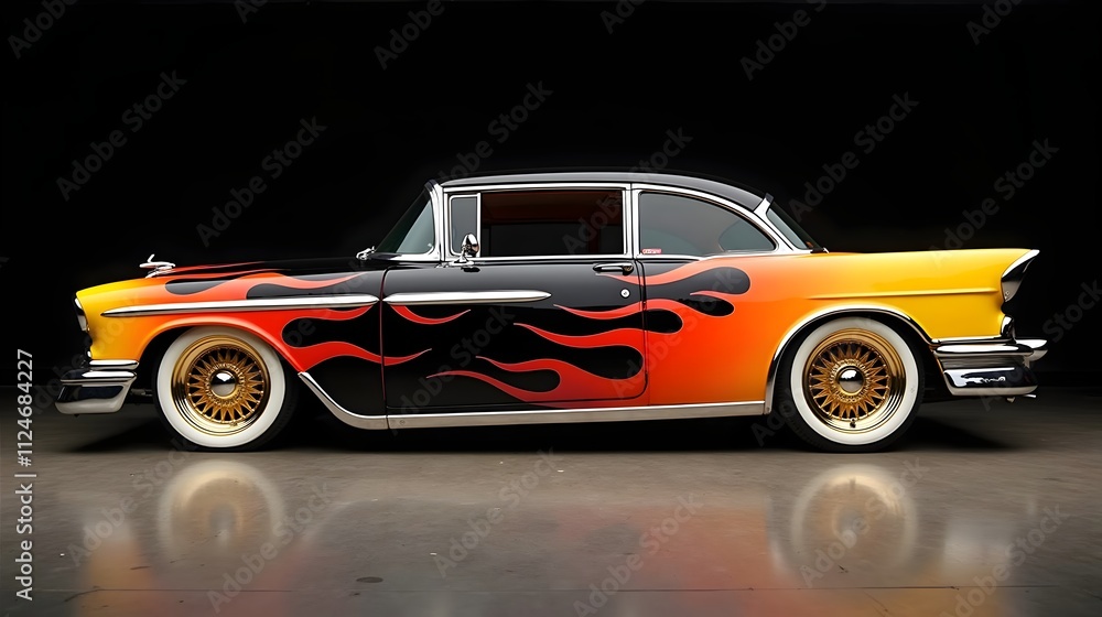 Custom Lowrider with Black Gloss Finish and Flame Art Design Custom Lowrider with Black Gloss Finish and Flame Art Design