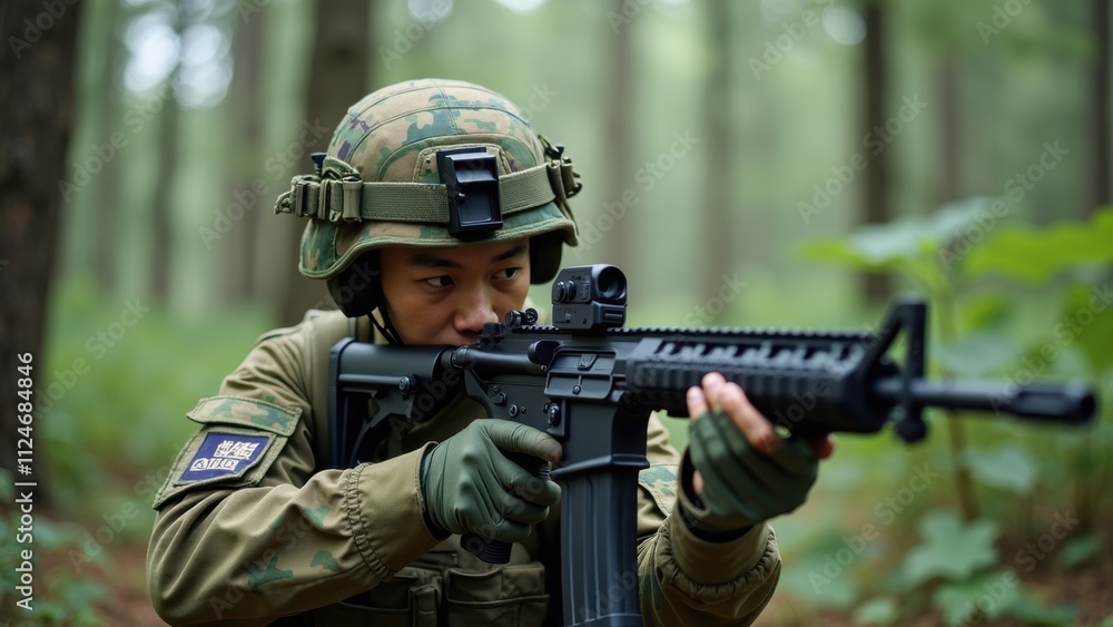 A soldier focuses intently as he aims his rifle in a lush forest, showcasing his skills and concentration during a military training session in nature A soldier focuses intently as he aims his rifle in a lush forest, showcasing his skills and concentration during a military training session in nature