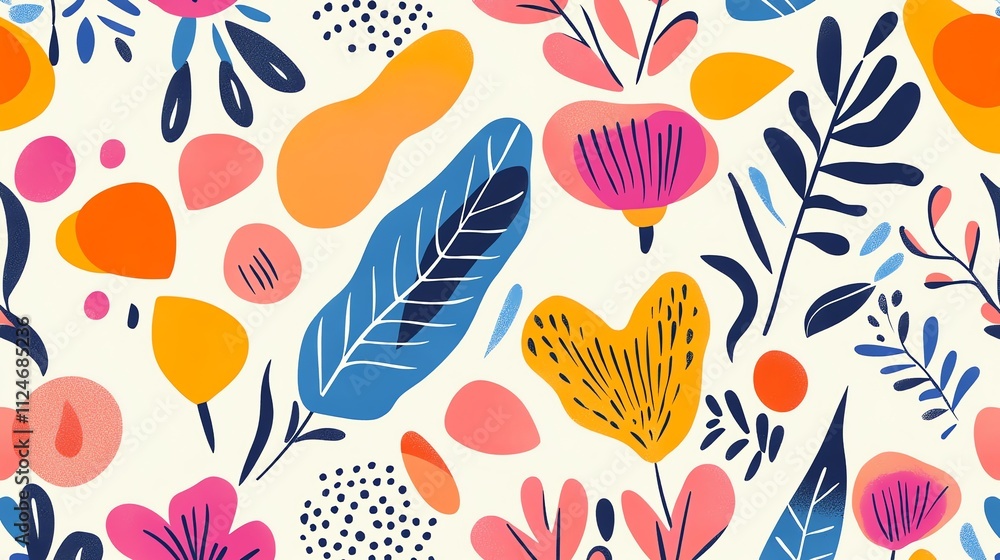A vibrant, colorful pattern with stylized flowers and leaves on a white background. A vibrant, colorful pattern with stylized flowers and leaves on a white background.