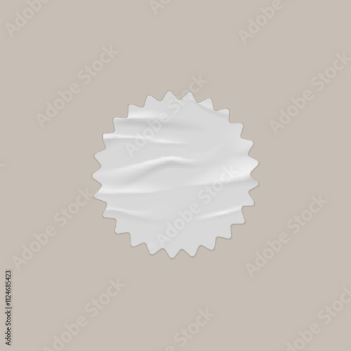 Glued wrinkles round white paper sticker, wavy edge, vector realistic circle label crumpled tape, adhesive creased tag