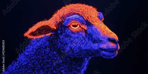 Vibrant representation of a sheep showcasing colorful neon lights against a dark background photo