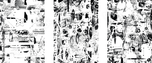 Set of glitch distorted grunge overlay textures. Collection of overlaying textures with halftone dots, scratches and lines .Screen print vector layers pack. Overlays with grunge textured surface
