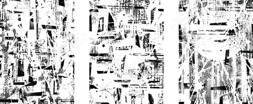 Set of glitch distorted grunge overlay textures. Collection of overlaying textures with halftone dots, scratches and lines .Screen print vector layers pack. Overlays with grunge textured surface
