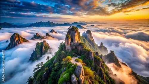 Aerial View of Serene Chinese Mountain Peaks Surrounded by Ethereal White Clouds and Mist, Capturing the Tranquility and Grandeur of Nature’s Majesty from Above