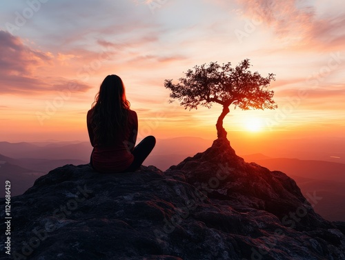 A contemplative woman sits on a rocky outcrop, gazing at a vibrant sunset, with a solitary tree nearby, evoking a serene feeling of connection and introspection with nature. photo