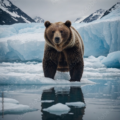 A snowy bear standing on a glacier as it cracks and shifts. photo