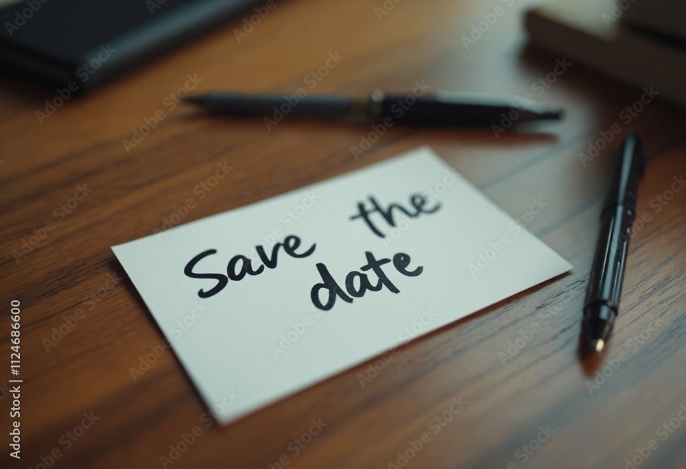 Save the date word written on a blank card on table Save the date word written on a blank card on table
