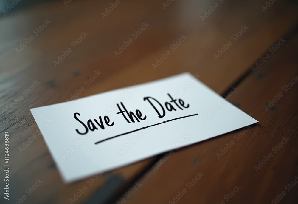 Save the date word written on a blank card on table Save the date word written on a blank card on table