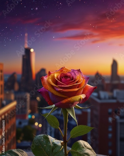 Vibrant rainbow rose blooming against a stunning city sunset backdrop