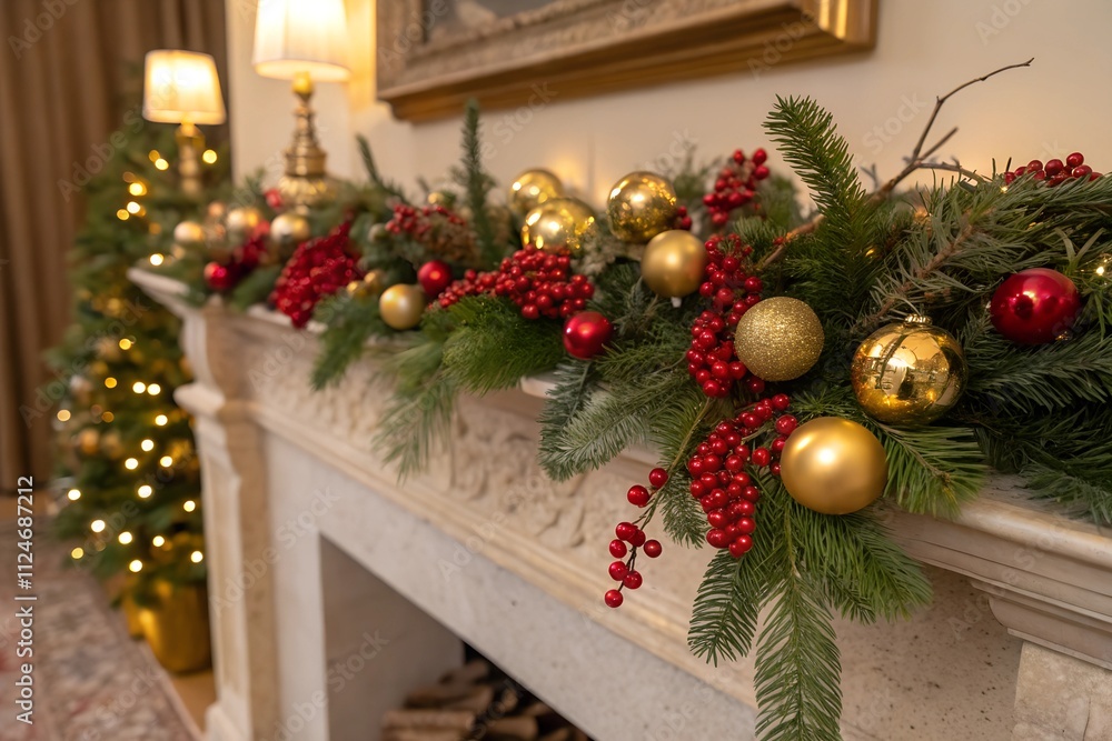 Elegant Holiday Fireplace Garland. Generative AI Elegant Holiday Fireplace Garland. Generative AI