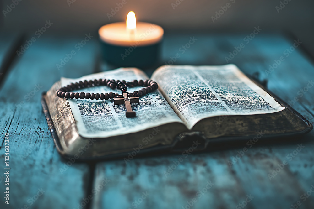 Open Bible with Rosary and Candle on Wooden Table
Open Bible with Rosary and Candle on Wooden Table