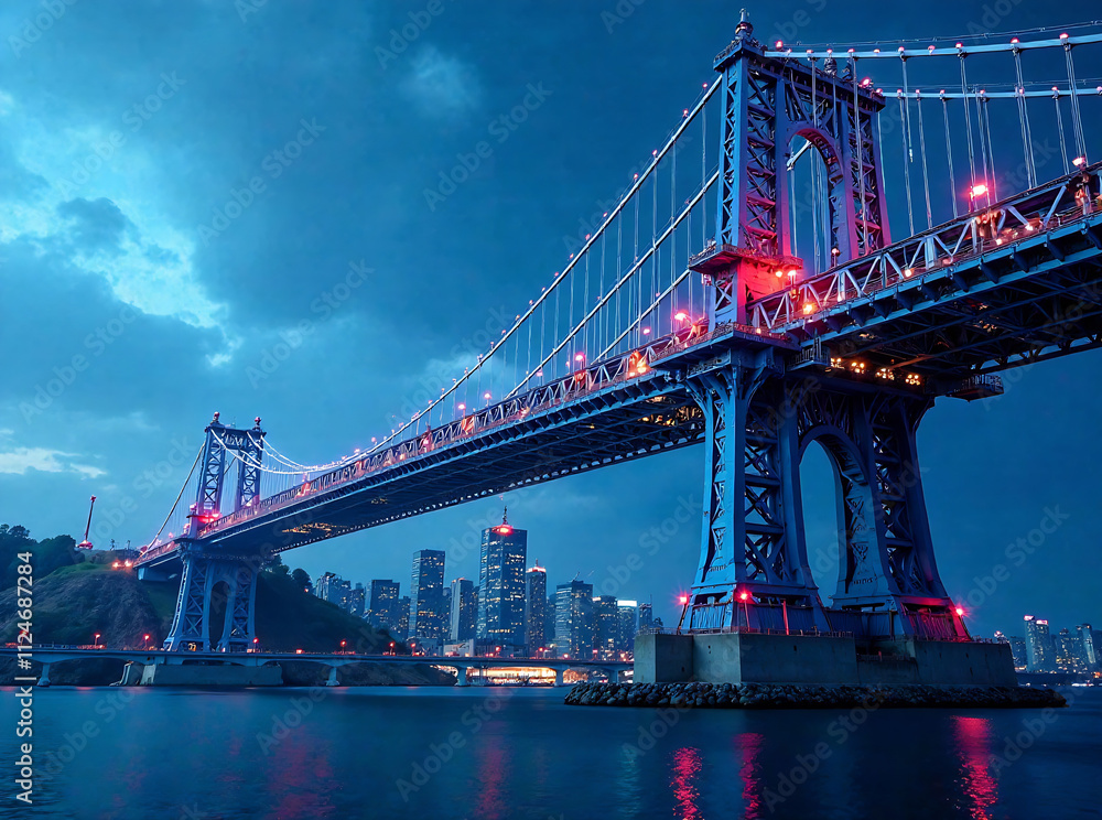 Fototapeta premium Double exposure illustration showing a steel infrastructure with an overlaid blueprint design ai generative image