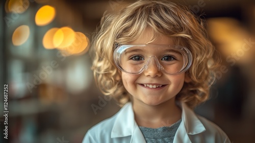 Young child wearing a lab coat and glasses is smiling. Concept of curiosity and playfulness, as the child appears to be enjoying a science experiment or activity
