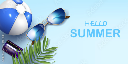 beach ball,sunglasses,credit card and palm leaves branch on the light blue background top view design element. hello summer and vacation travel concept advertising banner vector illustration.