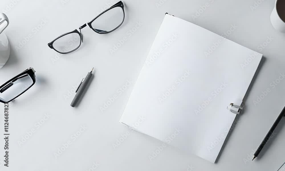 A minimalist workspace featuring a blank notebook, glasses, and a pen, ideal for writing or sketching. A minimalist workspace featuring a blank notebook, glasses, and a pen, ideal for writing or sketching.