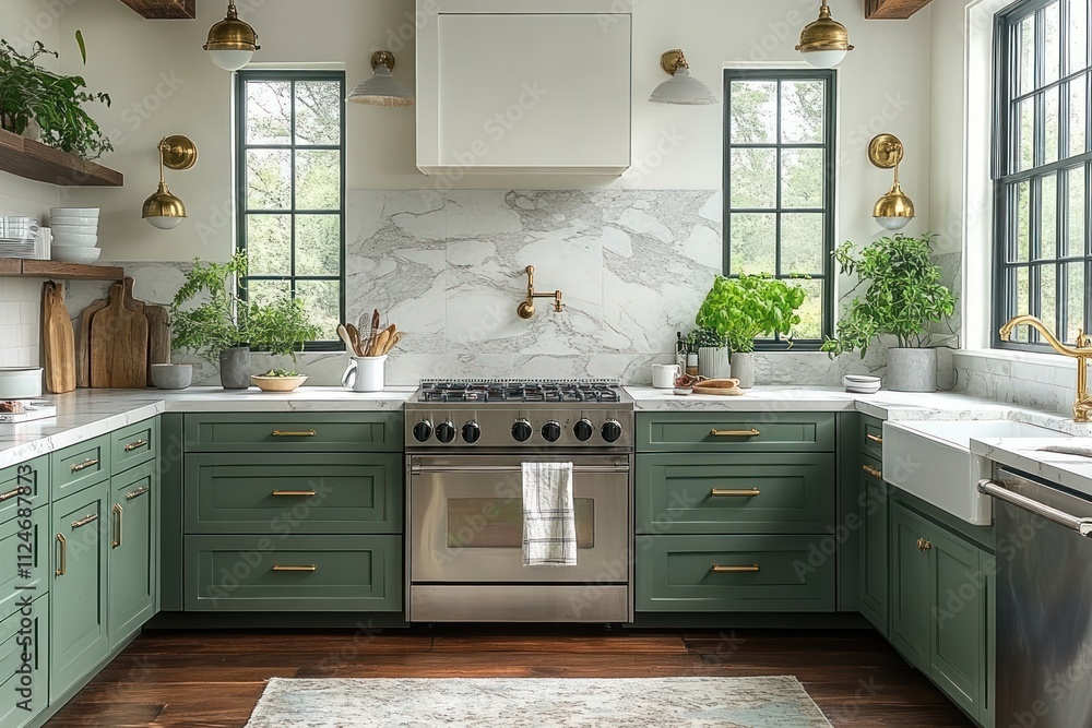 Modern farmhouse kitchen with green cabinets, marble backsplash, and stainless steel appliances. Modern farmhouse kitchen with green cabinets, marble backsplash, and stainless steel appliances.