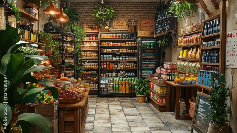 A store with a lot of food and a plant in the corner A store with a lot of food and a plant in the corner