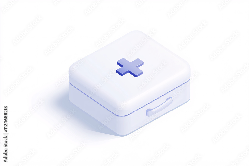 A minimalist white first aid box with a purple cross symbol and soft lighting creating a clean and modern design  

