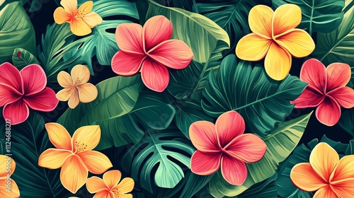 A vibrant tropical pattern with pink and yellow flowers and large green leaves.