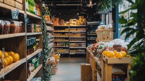 A store with a lot of food and a plant in the corner