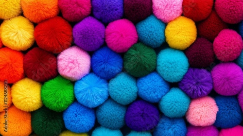 Vibrant display of multicolored pom poms, arranged in a rainbow pattern, with each color occupying a different section of the pile. The pom poms are all different sizes and shapes