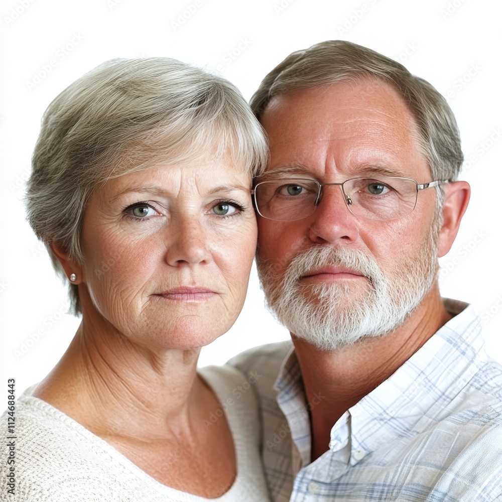 Senior couple portrait on white background, emphasizing aging gracefully, senior health, family connection, and lifestyle photography. Senior couple portrait on white background, emphasizing aging gracefully, senior health, family connection, and lifestyle photography.