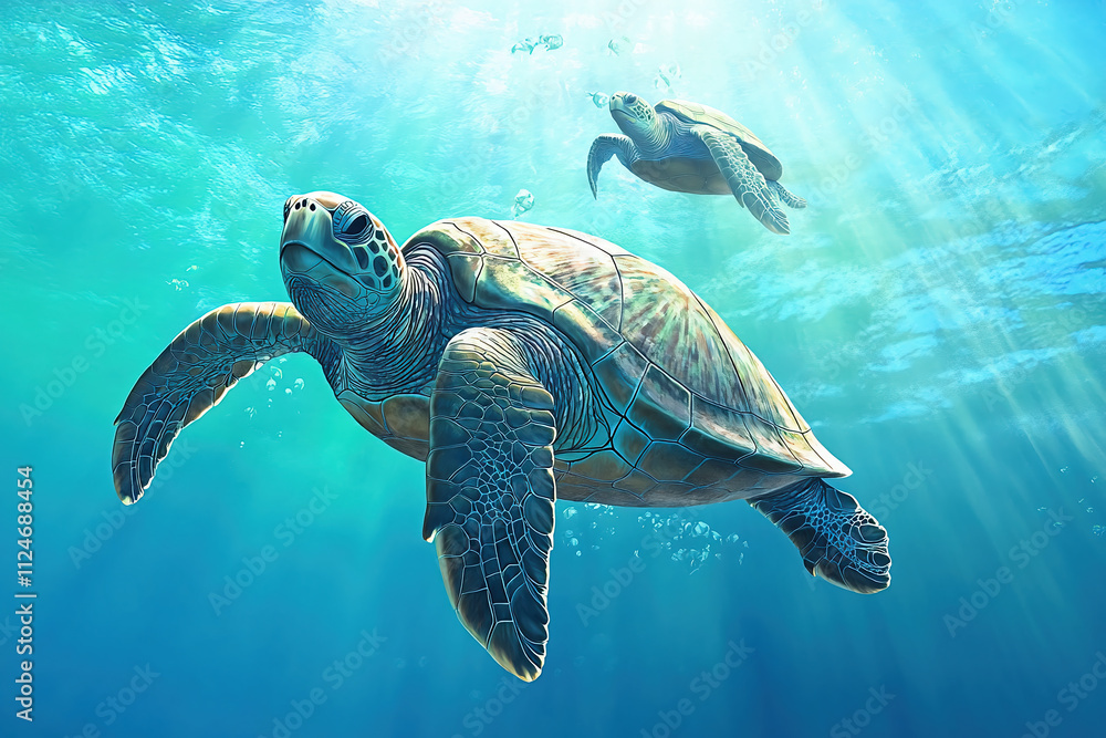 Fototapeta premium Majestic Sea Turtles Swimming Gracefully in Clear Blue Ocean Waters
