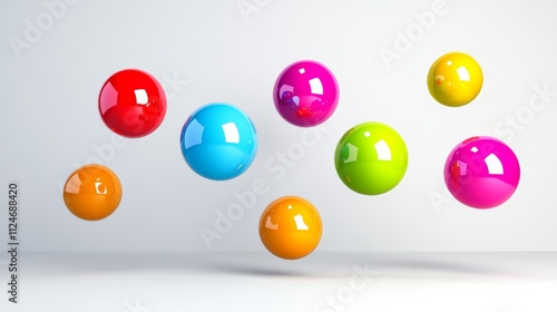 Fototapeta Naklejka Na Ścianę i Meble -  Colorful array of balls are floating in the air. The balls are of different colors and sizes, creating a vibrant and dynamic scene. Concept of energy and movement, as if the balls are in mid-flight