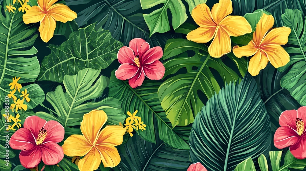 A tropical leaf and flower pattern. A tropical leaf and flower pattern.