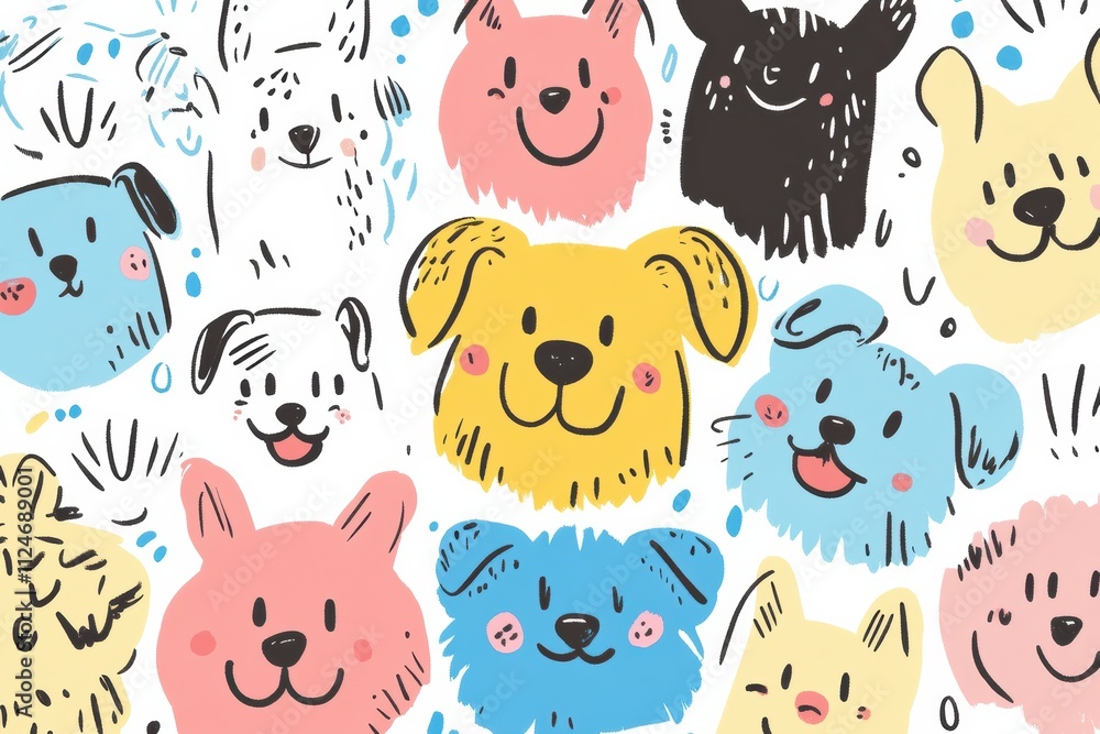 Obraz premium Colorful doodle-style illustration features various dog faces expressing joy and curiosity against a clean background, inviting creative text. Generative AI