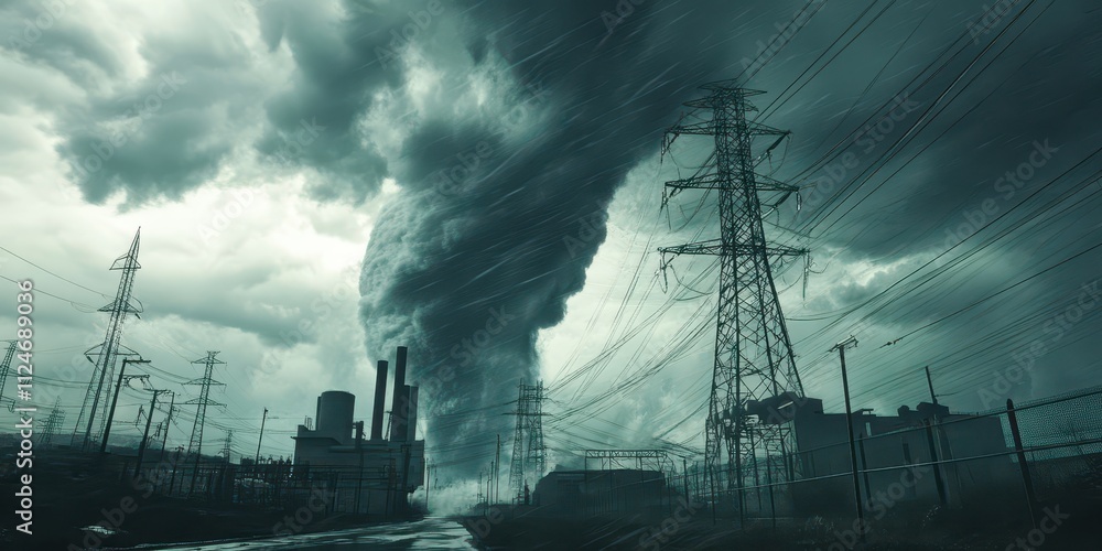 A tornado near a power plant, with dark clouds swirling above and electrical lines bending under the winds. A tornado near a power plant, with dark clouds swirling above and electrical lines bending under the winds.