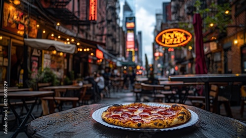 Pepperoni pizza slice on a paper plate at an outdoor table, symbolizing New York street food, urban dining culture, and casual food photography.