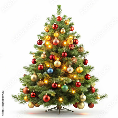 A Christmas tree adorned with colorful ornaments, shimmering lights,