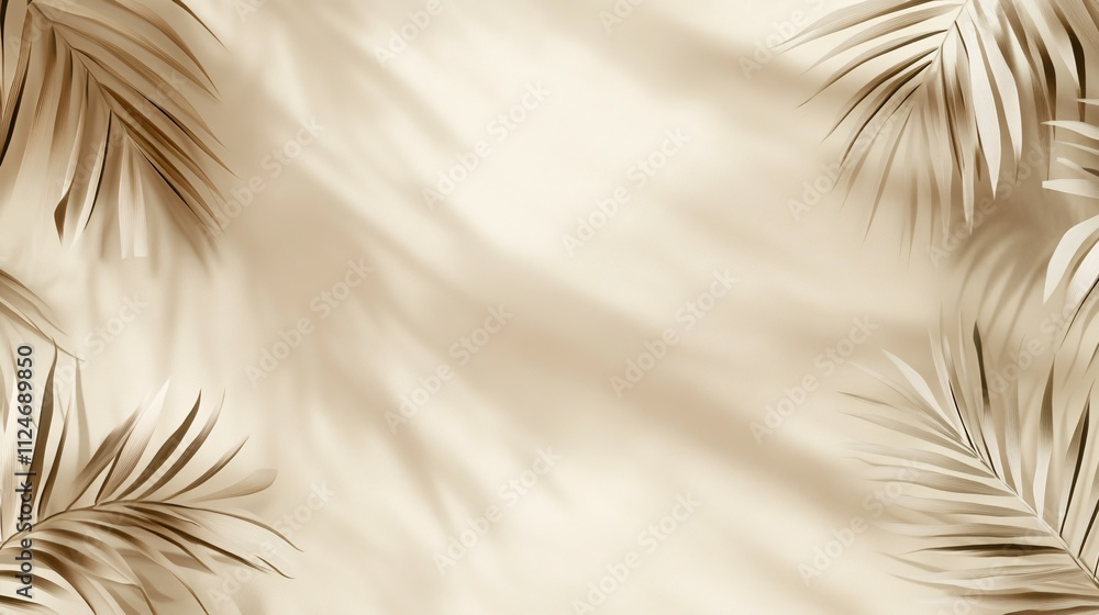 Fototapeta premium Beige Background with Palm Leaf Shadows and Fronds