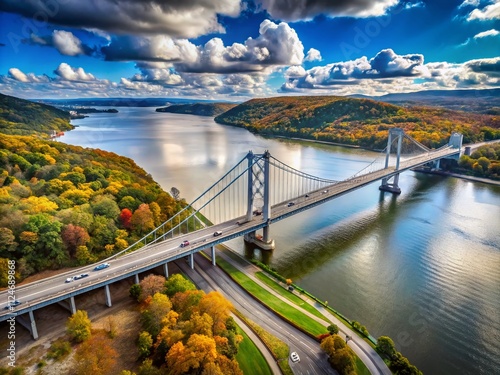 Aerial View of the Franklin Delano Roosevelt Mid-Hudson Bridge Spanning the Hudson River in Poughkeepsie, NY Captured with Dynamic Panning Camera Movement for Documentary Photography photo