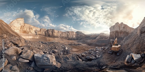 A panoramic view of a massive quarry pit, with stone piles and excavation machines scattered across the landscape. photo