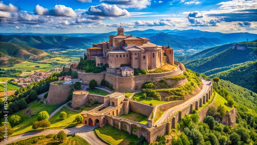 Obraz premium Aerial View of the Majestic Castle of Cardona in Catalonia, Spain Surrounded by Scenic Landscapes and Historical Architecture Under a Clear Blue Sky