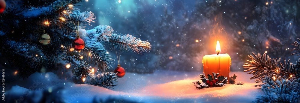 Burning Christmas candle as winter background Burning Christmas candle as winter background