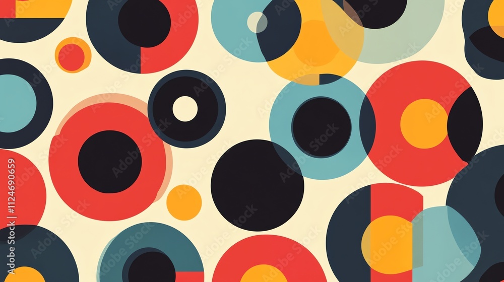 Abstract background pattern of colorful circles in a mid-century modern style. Abstract background pattern of colorful circles in a mid-century modern style.