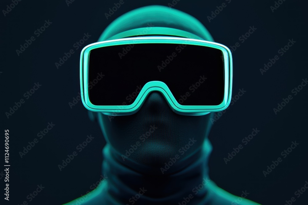 investigation analysis theft concept. A futuristic figure wearing sleek, glowing VR goggles against a dark background, suggesting themes of technology and virtual reality. investigation analysis theft concept. A futuristic figure wearing sleek, glowing VR goggles against a dark background, suggesting themes of technology and virtual reality.