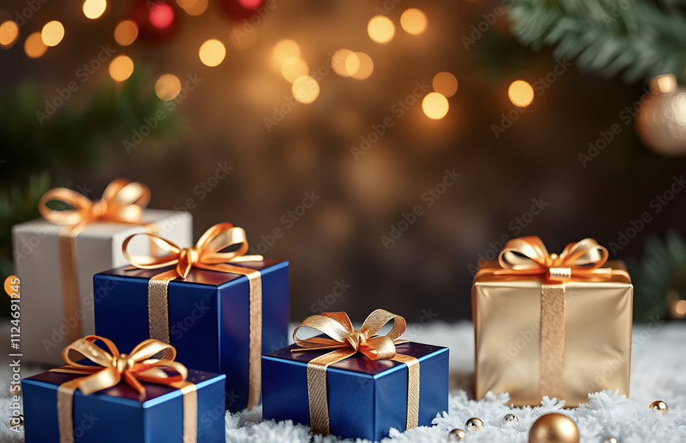 Christmas background template with gift boxes in blue and gold colors. Christmas background template with gift boxes in blue and gold colors.