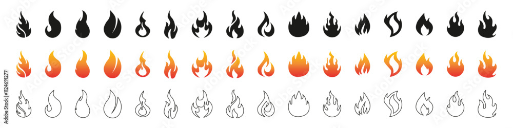 Flame illustrations in black, orange and outline. Fire icon vector set. Flame icon collection. Fire flame symbol. Black, gradient, line set Flame illustrations in black, orange and outline. Fire icon vector set. Flame icon collection. Fire flame symbol. Black, gradient, line set