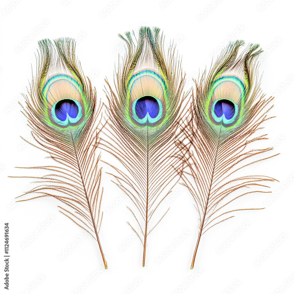 Obraz premium Four detailed peacock feathers with iridescent blue and green eyespots isolated on white backround